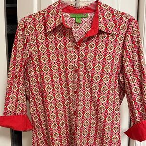 Lovely red designed button down 3/4 sleeve ladies blouse - size M